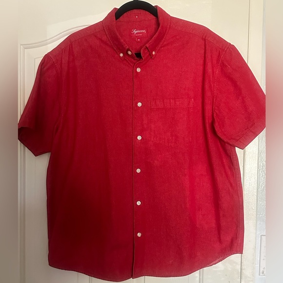 SUPREME Embossed Red Denim Button Down Short Sleeve Shirt - Men’s Medium - SS21